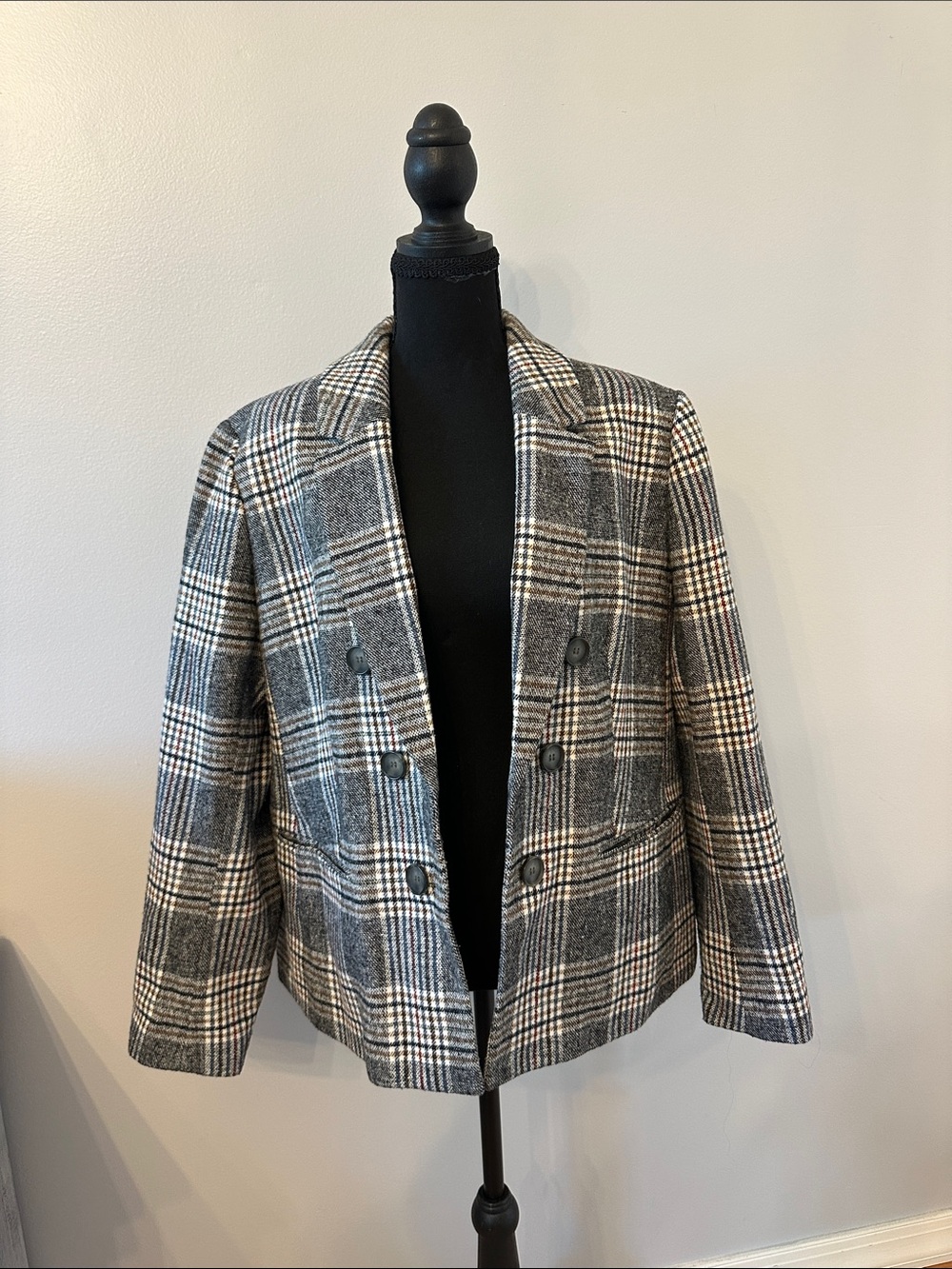 Jones New York Gray Plaid Double-Breasted Blazer